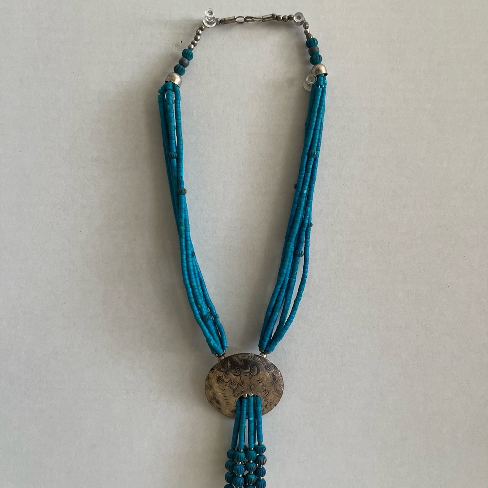 Turquoise Beaded Necklace with Silver Pendant